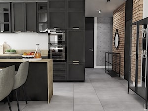 Dom Baj - Średnia otwarta biała z zabudowaną lodówką kuchnia w kształcie litery u, styl industrialny - zdjęcie od LOVRE WNĘTRZA