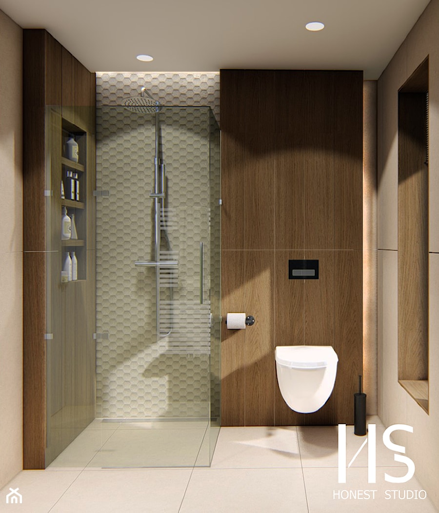 Prysznic liniowy z funkcjonalnymi półeczkami, ukrytymi w zabudowie. - zdjęcie od Honest Studio projektowanie wnętrz - Homebook
