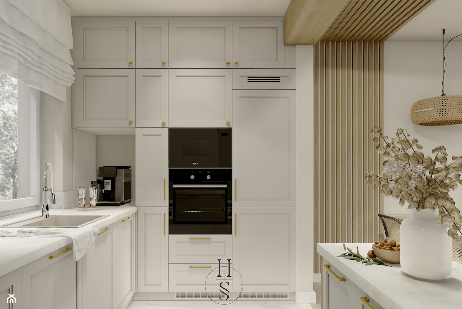 Ujęcie na kuchnie w ciepłych barwach - zdjęcie od Honest Studio projektowanie wnętrz - Homebook