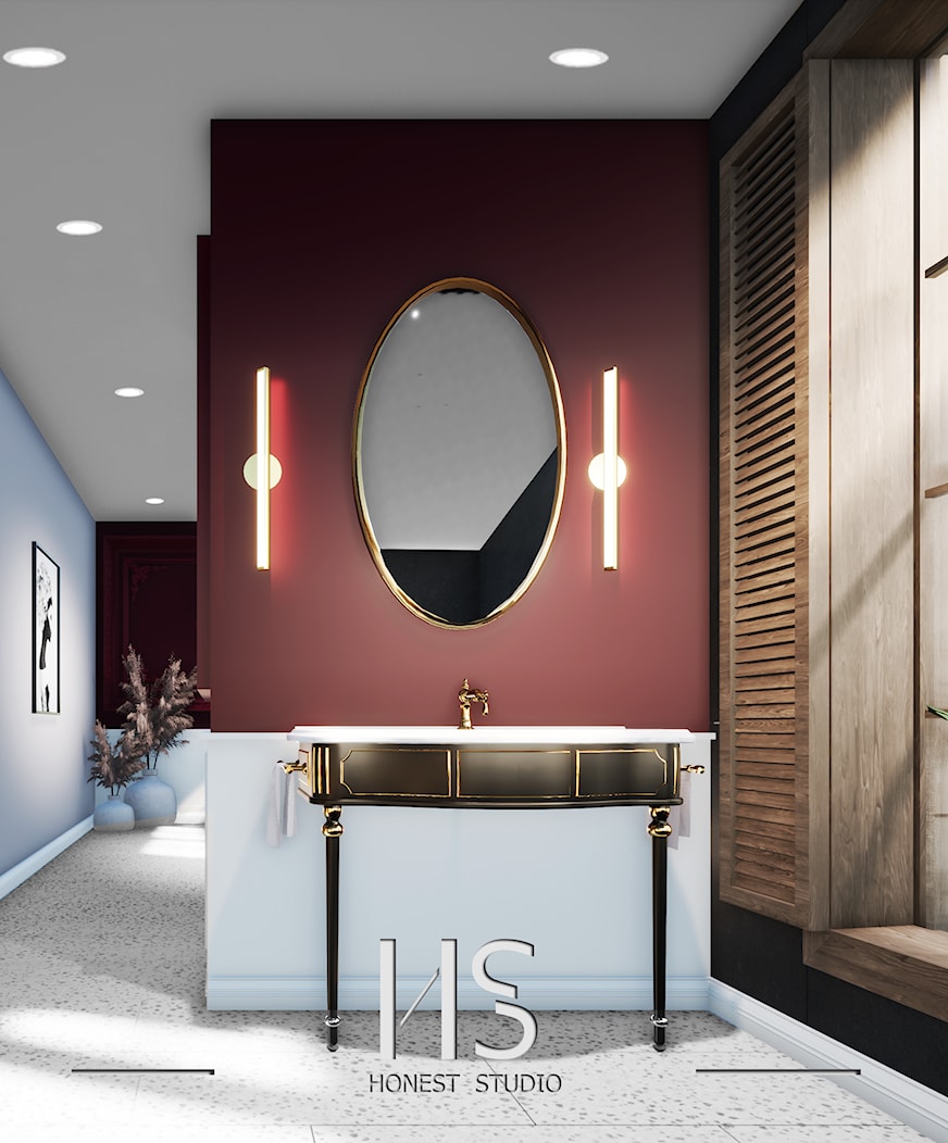 Bordowa łazienka z wanną wolnostojącą - zdjęcie od Honest Studio projektowanie wnętrz - Homebook