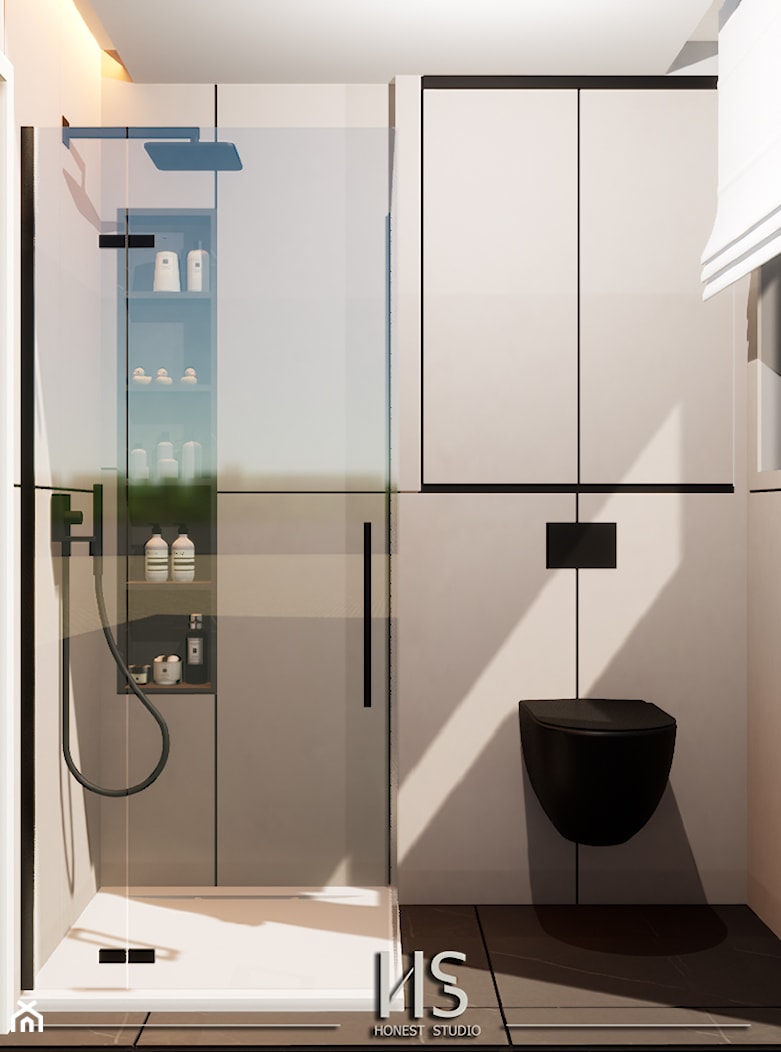 Minimalistyczna, szara łazienka z prysznicem - zdjęcie od Honest Studio projektowanie wnętrz - Homebook