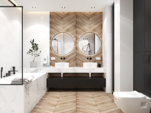 Nowoczesna jasna łazienka z dużą wanną i prysznicem oraz podświetlanymi okrągłymi lustrami - zdjęcie od VISIT HOME