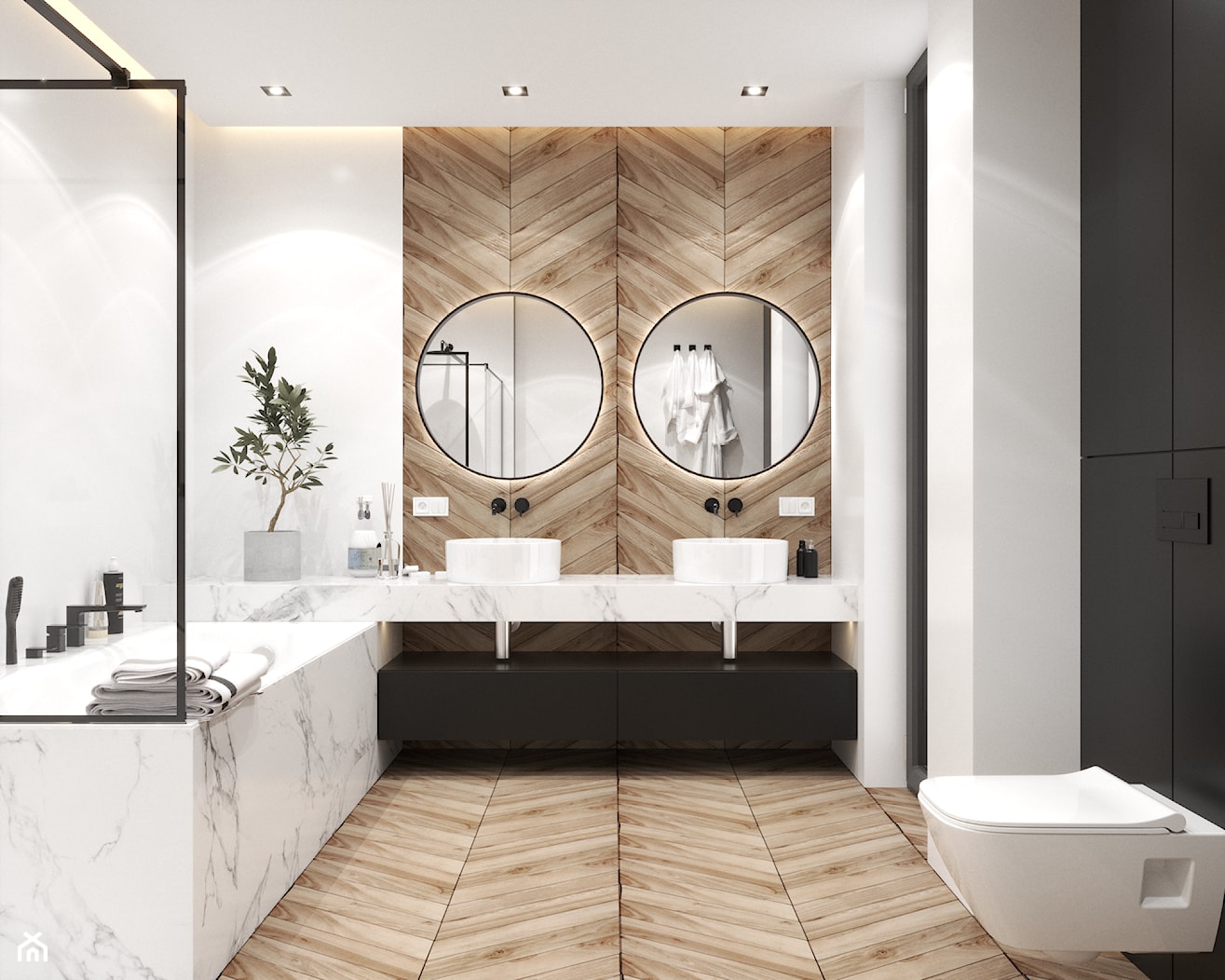Nowoczesna jasna łazienka z dużą wanną i prysznicem oraz podświetlanymi okrągłymi lustrami - zdjęcie od VISIT HOME - Homebook