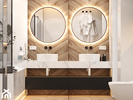 Aranżacje wnętrz - Łazienka: Nowoczesna jasna łazienka z dużą wanną i prysznicem oraz podświetlanymi okrągłymi lustrami - VISIT HOME. Przeglądaj, dodawaj i zapisuj najlepsze zdjęcia, pomysły i inspiracje designerskie. W bazie mamy już prawie milion fotografii!