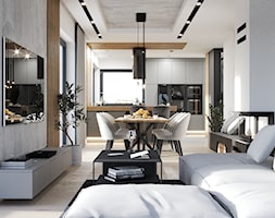 Nowoczesny salon z aneksem kuchennym, beton architektoniczny na suficie - zdjęcie od VISIT HOME - Homebook