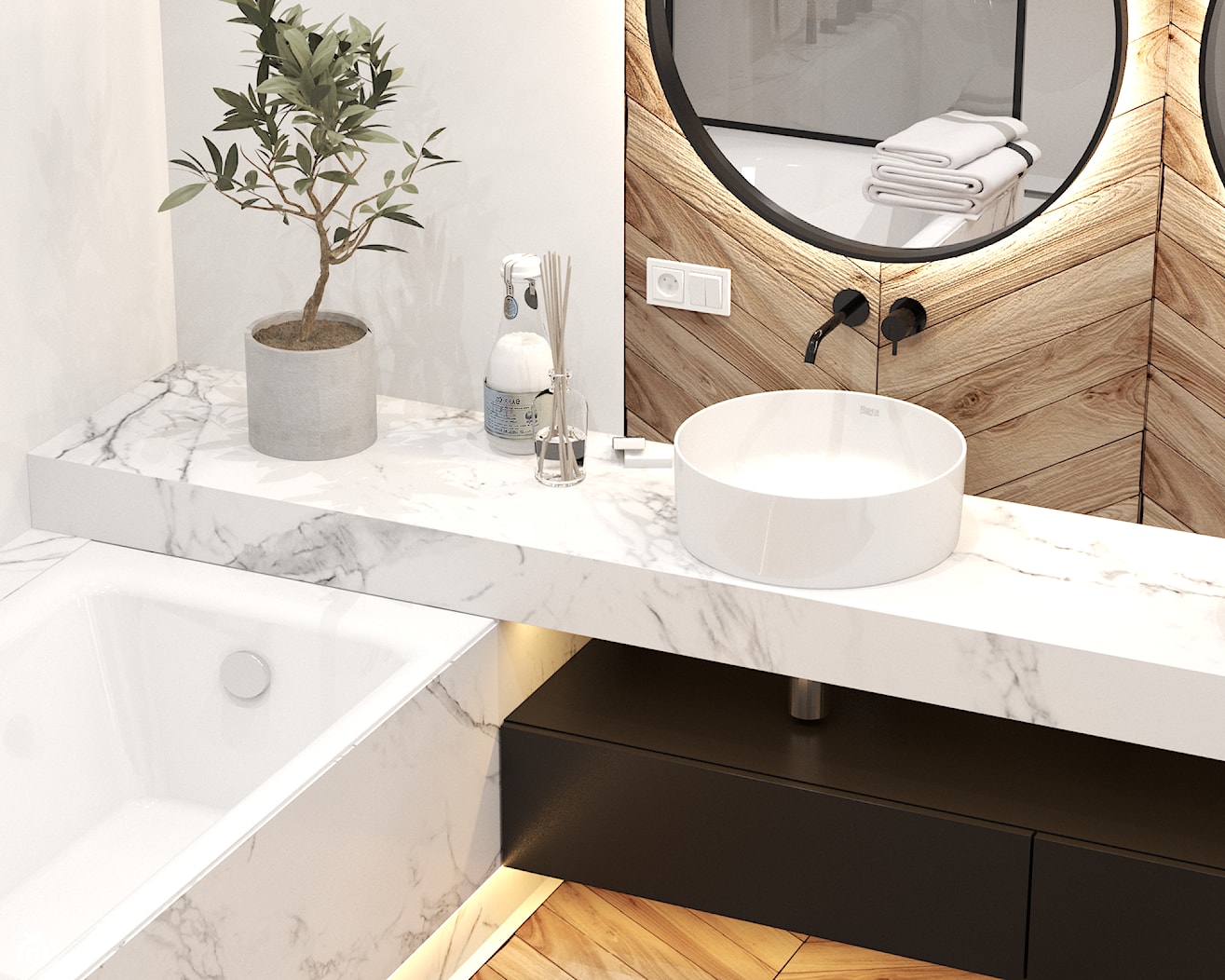 Nowoczesna jasna łazienka z dużą wanną i prysznicem oraz podświetlanymi okrągłymi lustrami - zdjęcie od VISIT HOME - Homebook