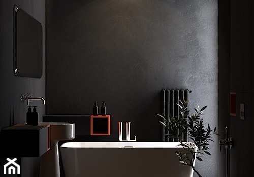 Ciemna, minimalistyczna łazienka z oknem na ogród- idealna do męskiego wnętrza - zdjęcie od VISIT HOME