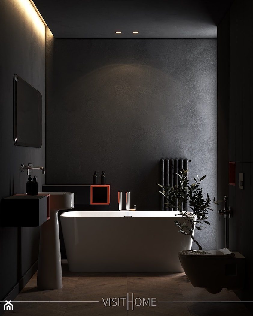 Ciemna, minimalistyczna łazienka z oknem na ogród- idealna do męskiego wnętrza - zdjęcie od VISIT HOME - Homebook