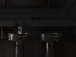 Minimalistyczna ciemna łazienka z umywalkami wolnostojącymi