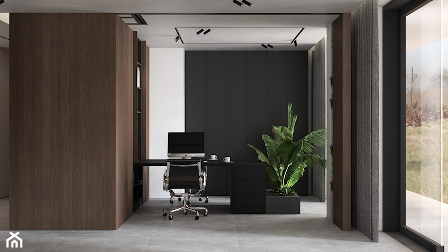 Klimatyczne męskie domowe biuro z akcentem roślinnym - dark home office - zdjęcie od VISIT HOME