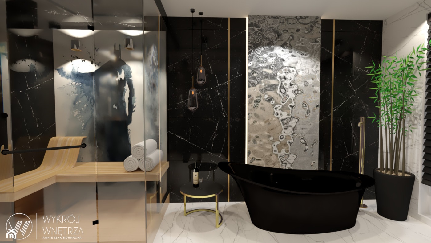 Ciemna łazienka Glamour z sauną i Superhero - zdjęcie od Agnieszka Kornacka - Wykrój Wnętrza - Homebook