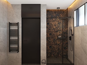 Łazienka z szarymi i czarnymi płytkami imitującymi kamień oraz lamelami i drewnem - zdjęcie od Open Room Projekty Wnętrz