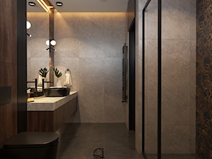 Łazienka z szarymi i czarnymi płytkami imitującymi kamień oraz lamelami i drewnem - zdjęcie od Open Room Projekty Wnętrz