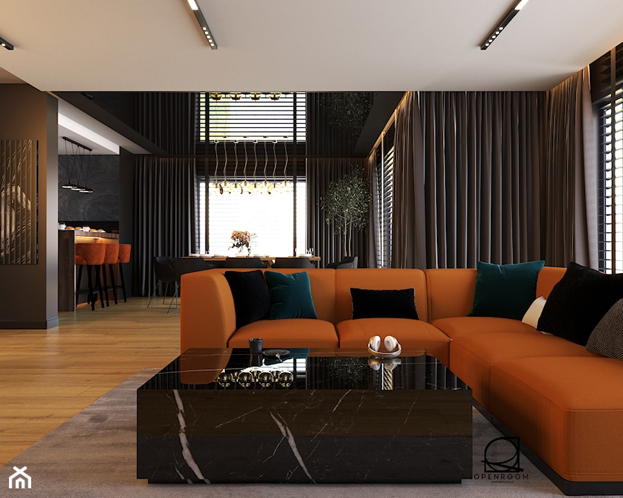 Salon z kominkiem elektrycznym oraz lamelami, rudą sofą oraz ciemnymi meblami - zdjęcie od Open Room Projekty Wnętrz