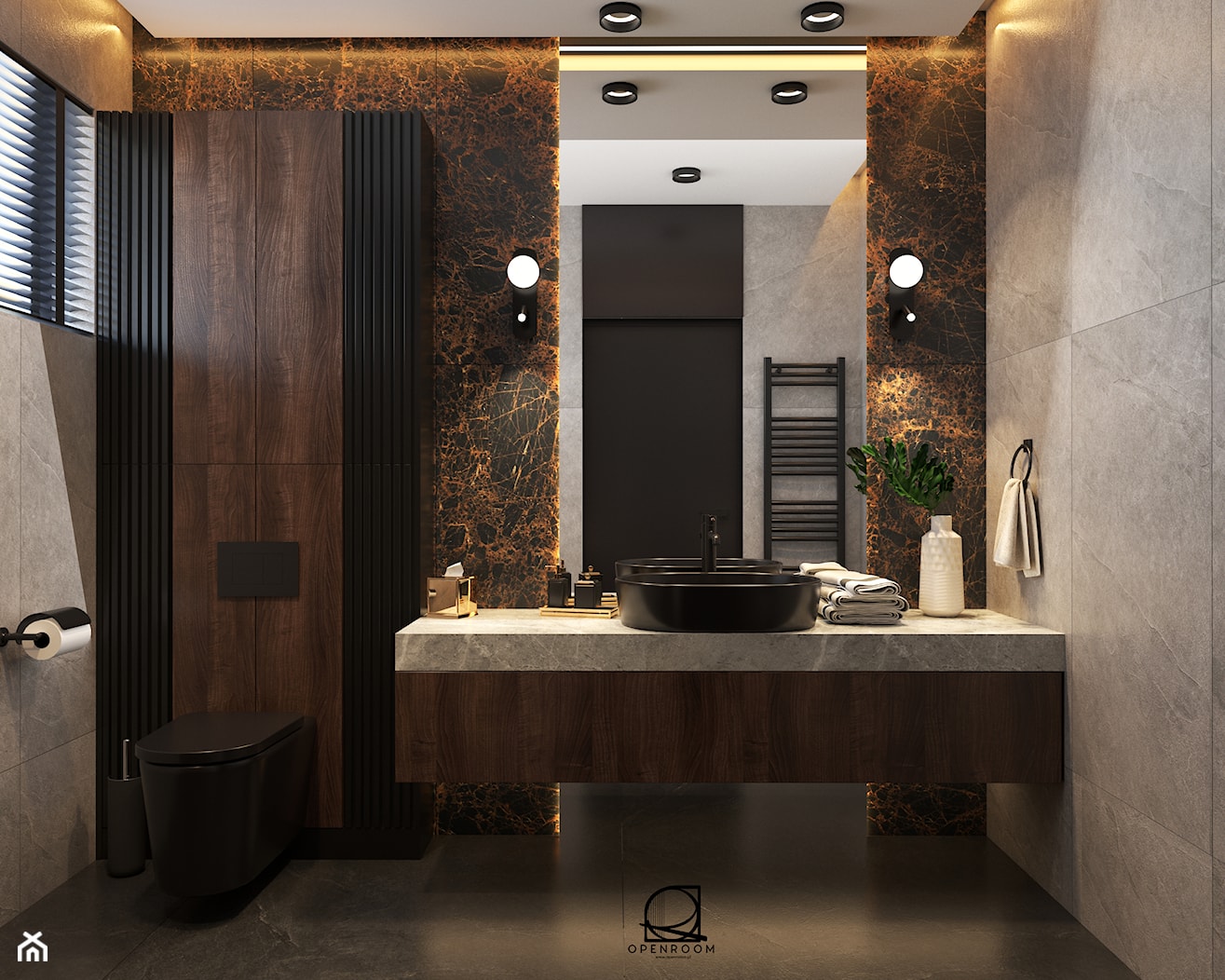 Łazienka z szarymi i czarnymi płytkami imitującymi kamień oraz lamelami i drewnem - zdjęcie od Open Room Projekty Wnętrz - Homebook