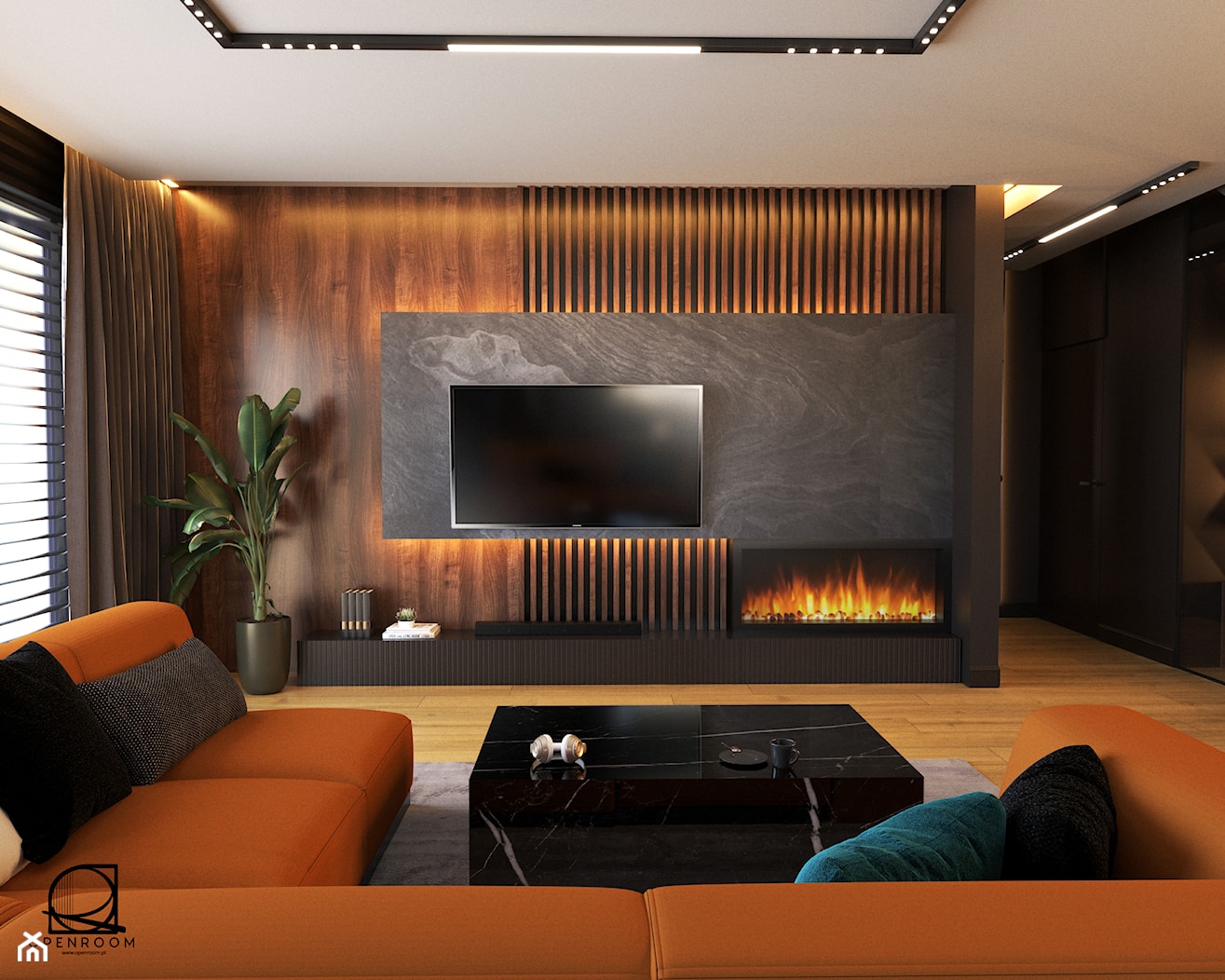 Salon z kominkiem elektrycznym oraz lamelami, rudą sofą oraz ciemnymi meblami - zdjęcie od Open Room Projekty Wnętrz - Homebook