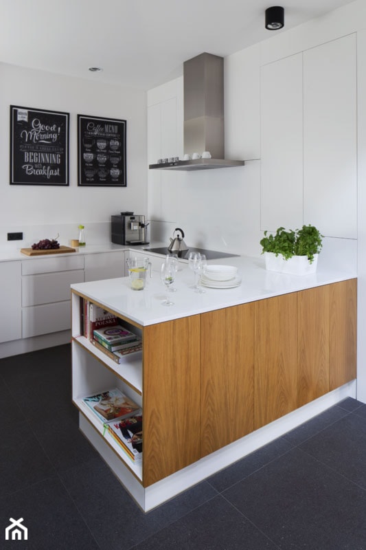 Dom prywatny - Średnia otwarta biała z zabudowaną lodówką kuchnia w kształcie litery u - zdjęcie od ideArchitektura