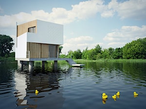 DOM NA WODZIE - Małe jednopiętrowe nowoczesne domy murowane, styl minimalistyczny - zdjęcie od 90 stopni architekci