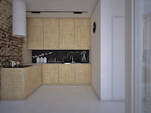 WNĘTRZA SZEREGOWCA - Mała otwarta z kamiennym blatem biała z zabudowaną lodówką z nablatowym zlewozmywakiem kuchnia w kształcie litery l, styl nowoczesny - zdjęcie od 90 stopni architekci