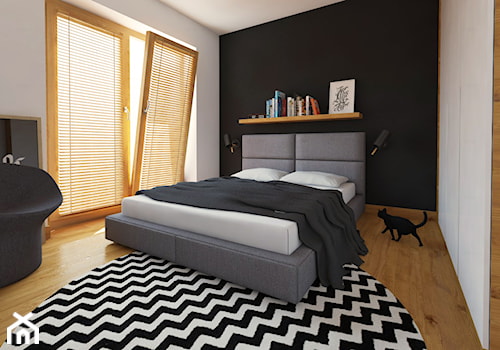 WNĘTRZA BLIŹNIAKA - Średnia biała czarna sypialnia z balkonem / tarasem, styl nowoczesny - zdjęcie od 90 stopni architekci