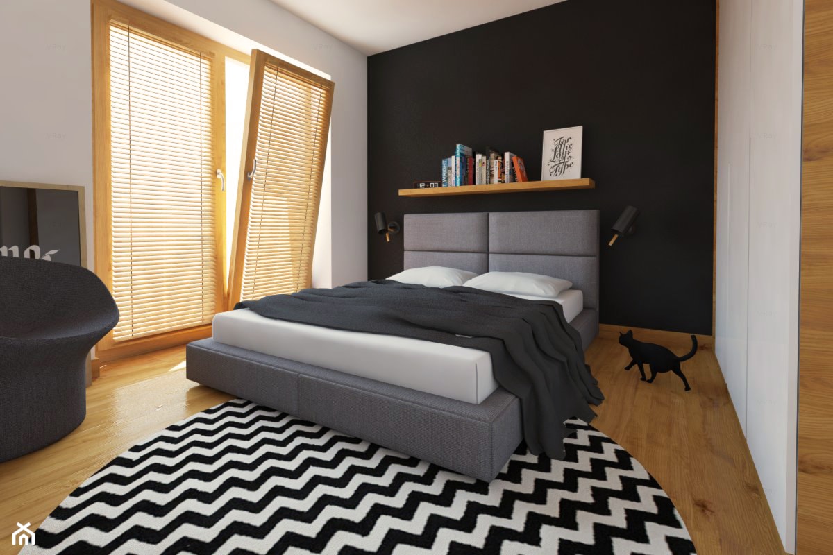 WNĘTRZA BLIŹNIAKA - Średnia biała czarna sypialnia z balkonem / tarasem, styl nowoczesny - zdjęcie od 90 stopni architekci - Homebook