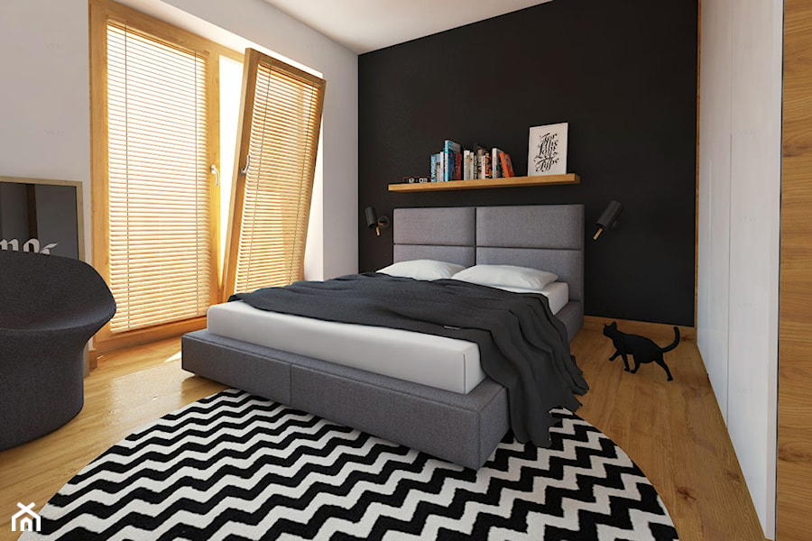 WNĘTRZA BLIŹNIAKA - Średnia biała czarna sypialnia z balkonem / tarasem, styl nowoczesny - zdjęcie od 90 stopni architekci