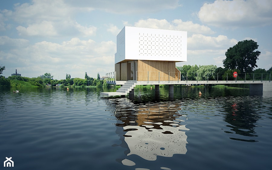 DOM NA WODZIE - Małe jednopiętrowe nowoczesne domy murowane drewniane, styl minimalistyczny - zdjęcie od 90 stopni architekci
