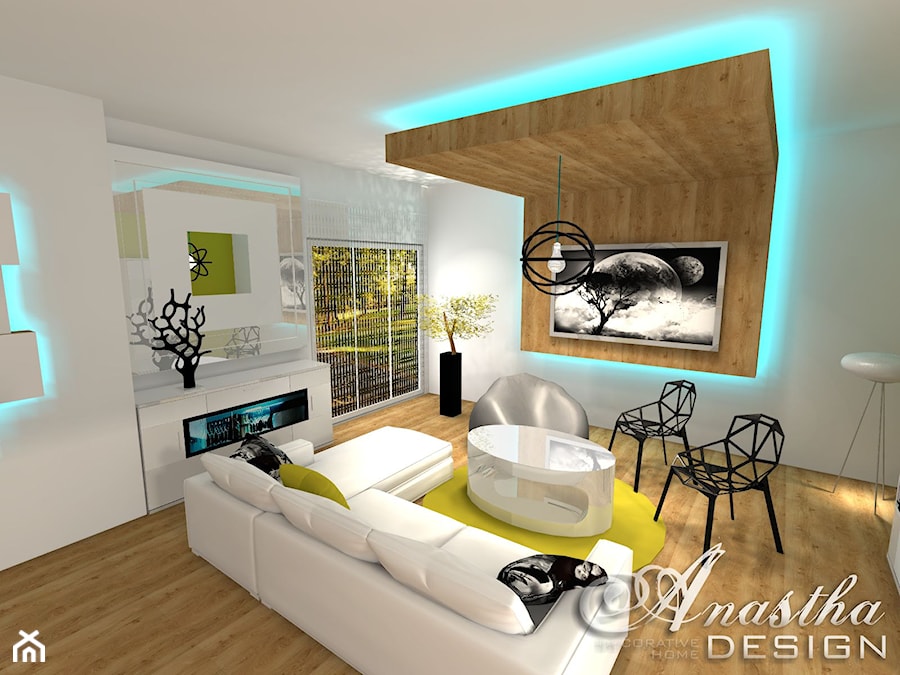 Salon w stylu nowoczesnym - biel i drewno - zdjęcie od Anastha DESIGN