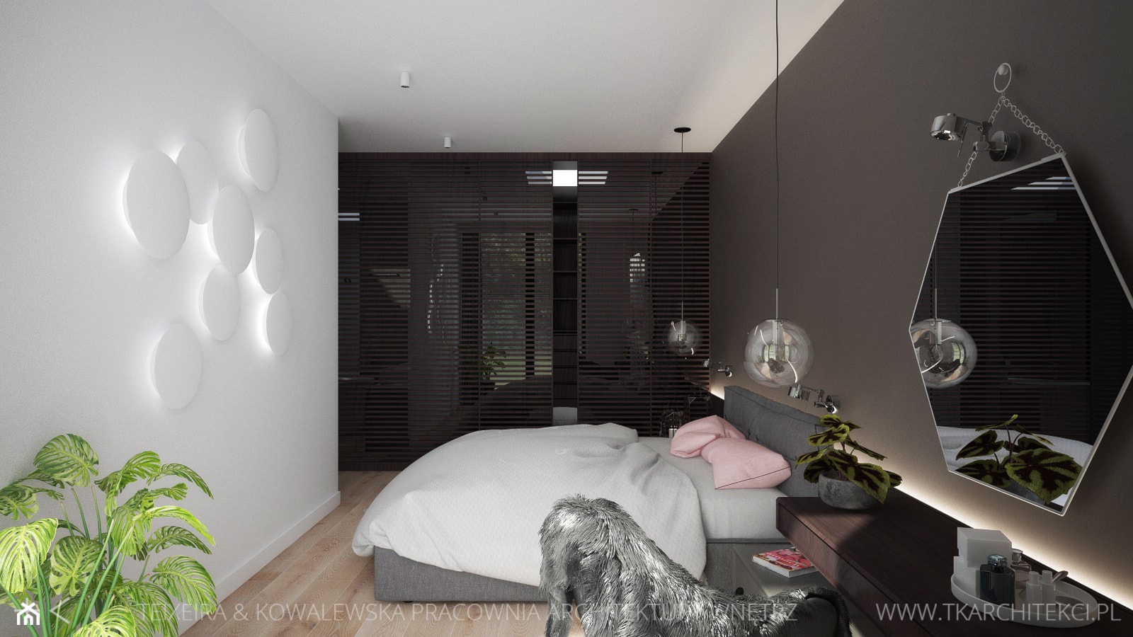 Średnia biała czarna z panelami tapicerowanymi sypialnia z garderobą, styl nowoczesny - zdjęcie od TK Architekci - Homebook