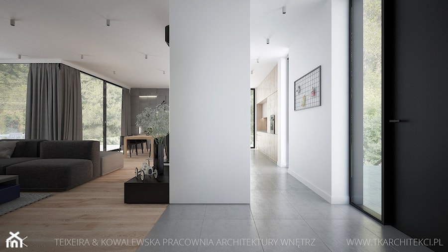Średni biały szary salon z jadalnią, styl minimalistyczny - zdjęcie od TK Architekci