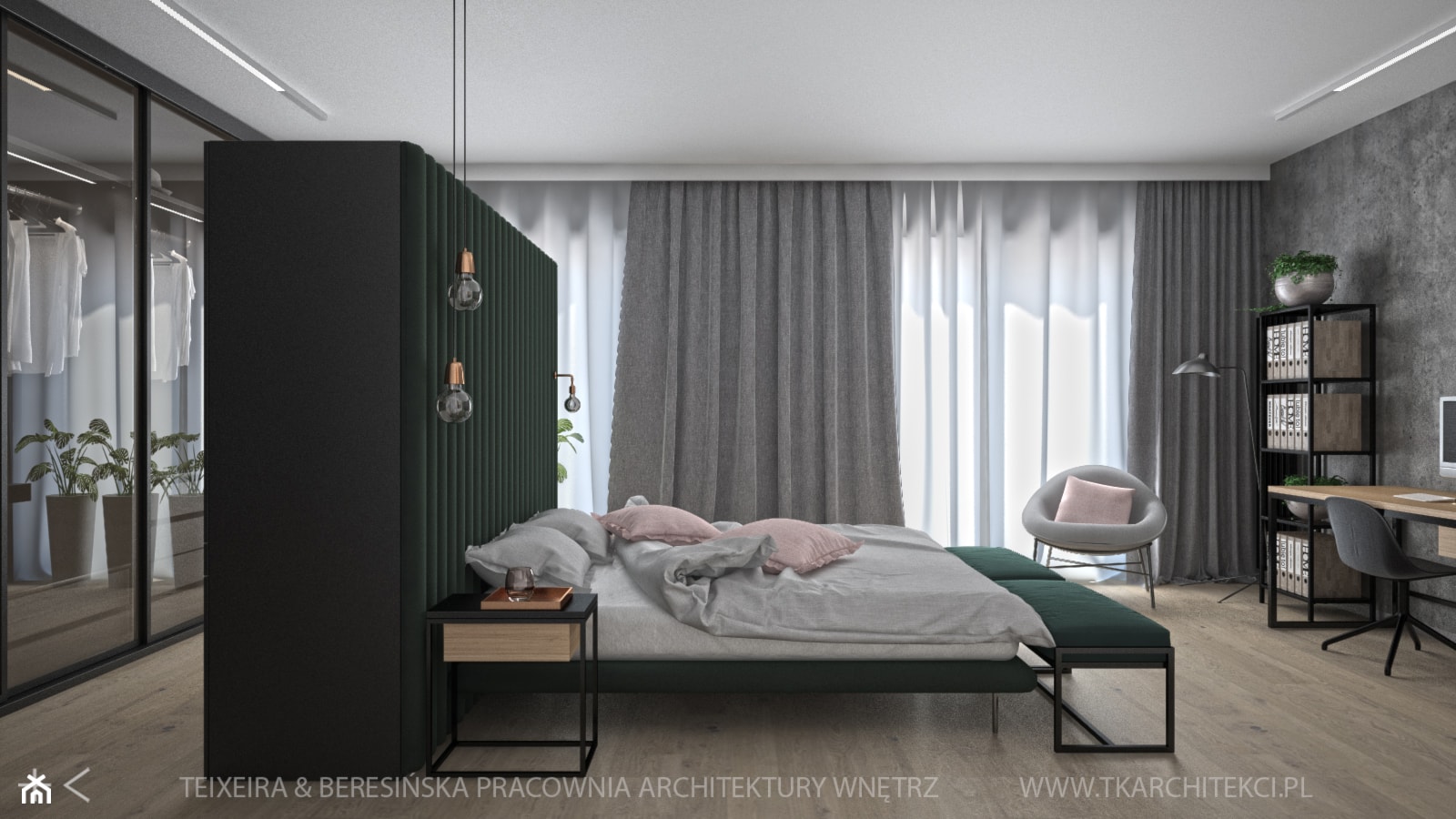 Duża czarna szara zielona z biurkiem z panelami tapicerowanymi sypialnia z garderobą, styl nowoczes ... - zdjęcie od TK Architekci - Homebook