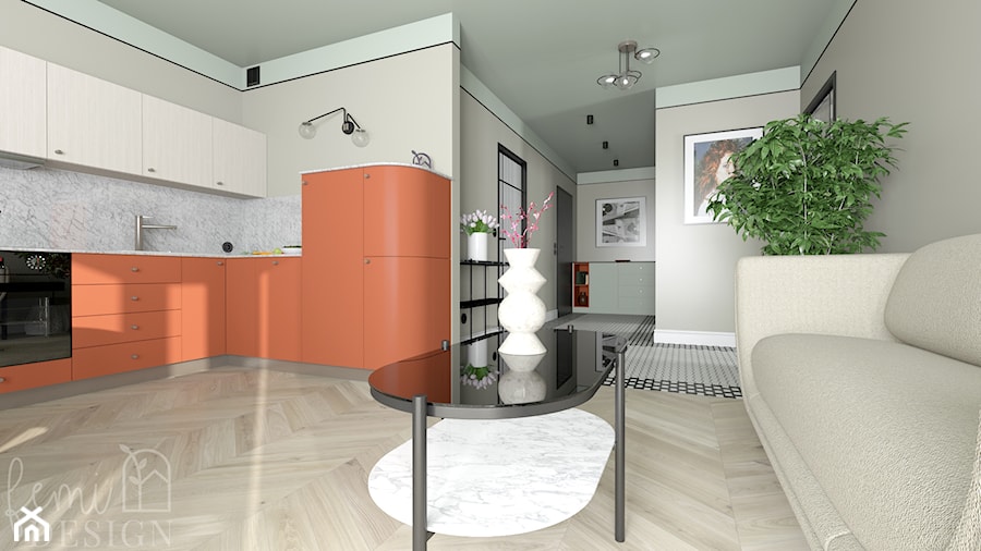 Salon z pomarańczową kuchnią - zdjęcie od FemiDesign