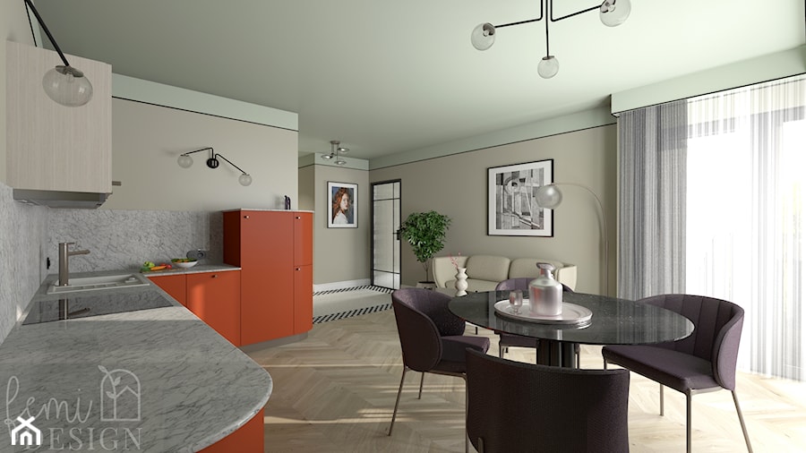 Salon z pomarańczową kuchnią - zdjęcie od FemiDesign