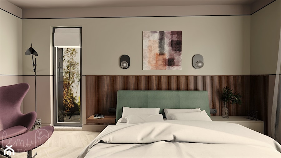 Sypialnia w brudnym różu, zieleni i ciemnym drewnie - zdjęcie od FemiDesign