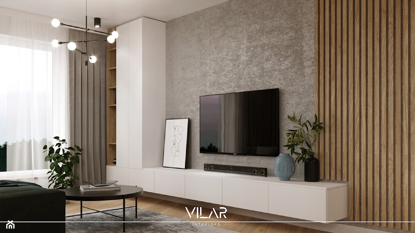 Strefa telewizyjna w salonie, białe szafki, beton i lamele. - zdjęcie od VILAR Interiors - Homebook