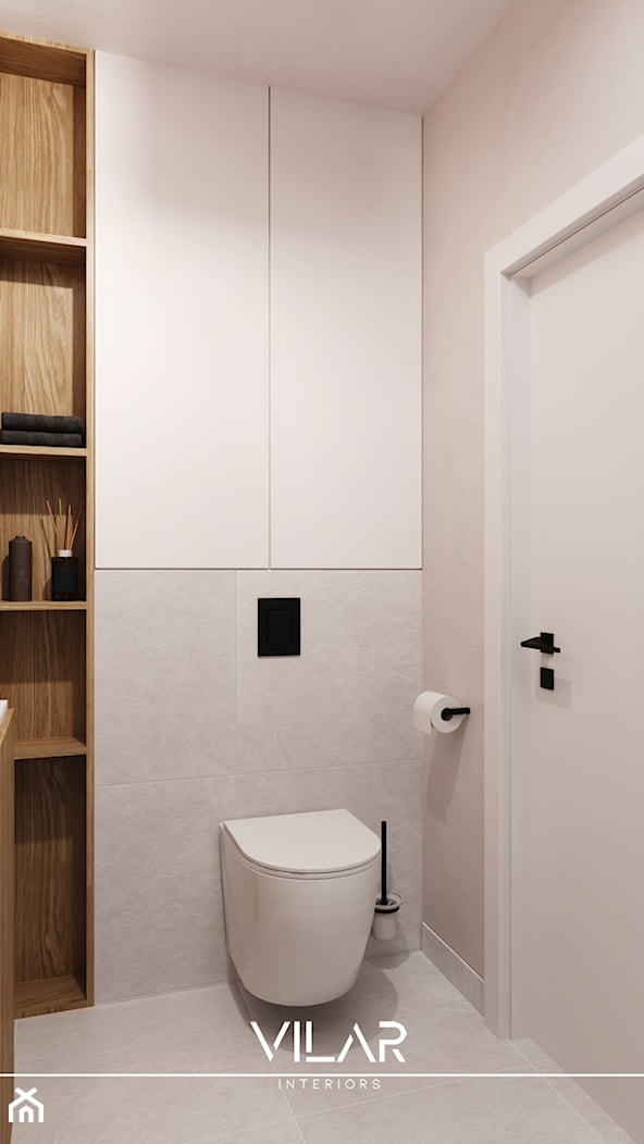 Szaro- beżowa łazienka z dodatkiem drewna, czarnych akcentów i pomarańczowego koloru. - zdjęcie od VILAR Interiors - Homebook