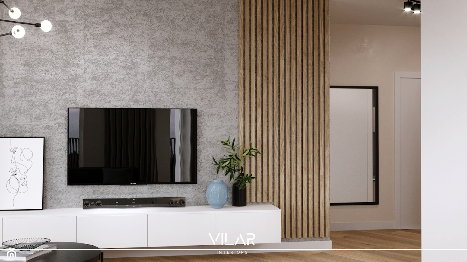 Strefa telewizyjna w salonie, białe szafki, beton i lamele. - zdjęcie od VILAR Interiors - Homebook