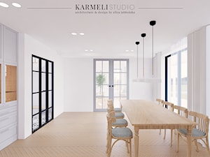 Jadalnia w stylu modern farmhouse ze skandynawskim oświetleniem - zdjęcie od Karmeli Studio