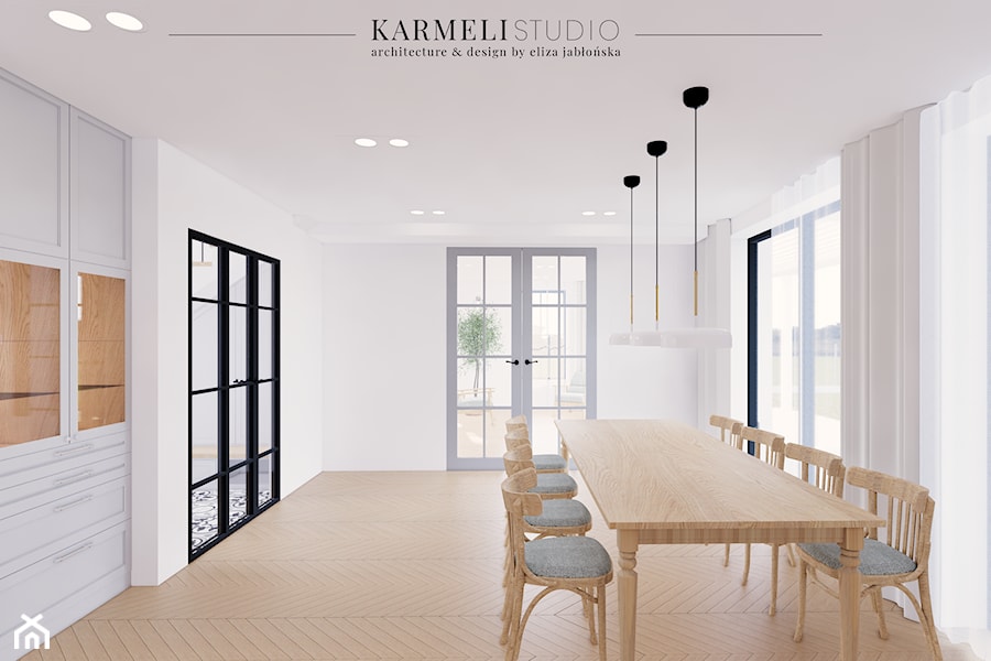 Jadalnia w stylu modern farmhouse ze skandynawskim oświetleniem - zdjęcie od Karmeli Studio