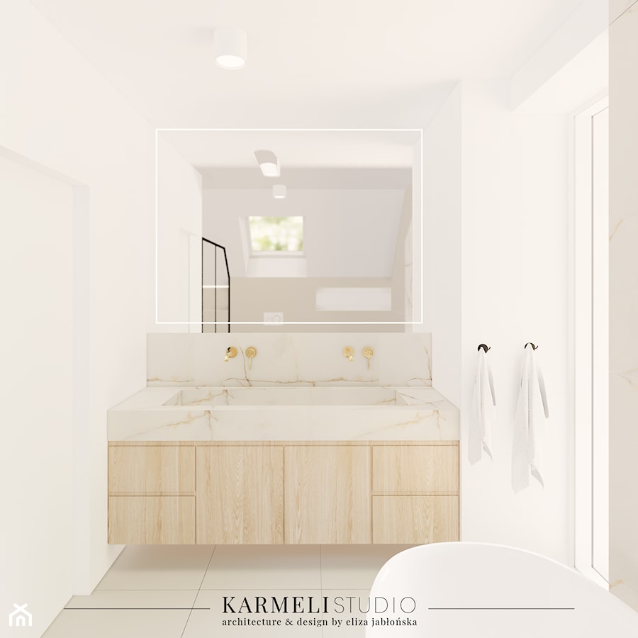 Jasna łazienka z umywalką z kamienia i lustrem LED - zdjęcie od Karmeli Studio