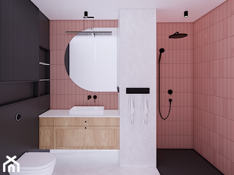 Aranżacje wnętrz - Łazienka: Różowa łazienka z czarnymi dodatkami - Karmeli Studio. Przeglądaj, dodawaj i zapisuj najlepsze zdjęcia, pomysły i inspiracje designerskie. W bazie mamy już prawie milion fotografii!