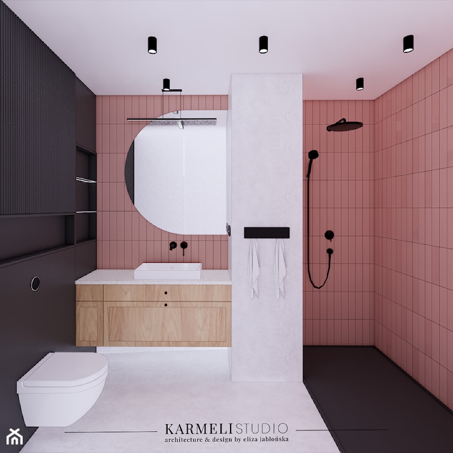 Różowa łazienka z czarnymi dodatkami - zdjęcie od Karmeli Studio