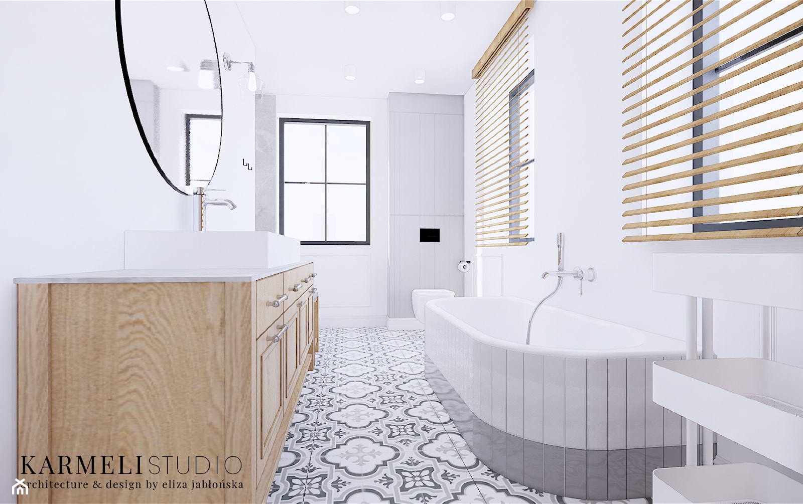 Łazienka w stylu amerykańskim z wanną obudowaną płytkami - zdjęcie od Karmeli Studio - Homebook