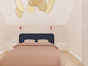 Sypialnia Master ze ścianą z lameli i rattanowym żyrandolem - zdjęcie od Karmeli Studio