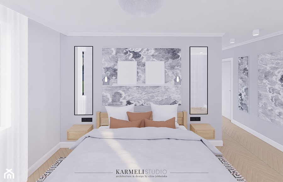 Sypialnia w stonowanych kolorach z tapetą i sztukaterią - zdjęcie od Karmeli Studio