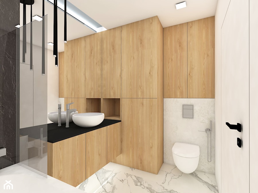 Nowoczesne mieszkanie/ mała łazienka/ szare czarne płytki drewno marmur - zdjęcie od SZTUKA i WNĘTRZA