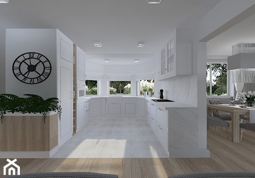 dom w stylu Hamptons - Duża z salonem biała z zabudowaną lodówką z nablatowym zlewozmywakiem kuchn ... - zdjęcie od Aleksandra Podsiadła