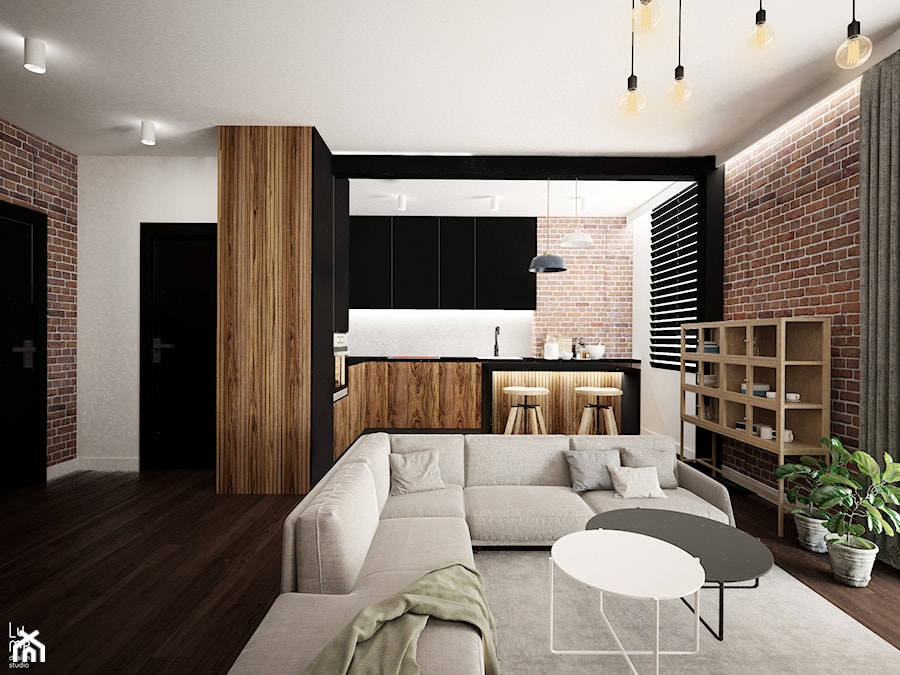 Dwie strefy, z akcentem loftowym - Salon, styl industrialny - zdjęcie od Lume design studio