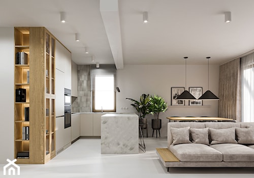 Minimalistyczna przestrzeń, wypełniona domowym ciepłem - Średni beżowy biały salon z kuchnią z jadal ... - zdjęcie od Lume design studio