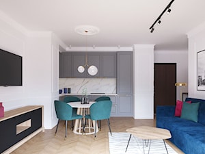 Gdańsk apartament na wynajem - Mała otwarta z salonem biała z zabudowaną lodówką z nablatowym zlewozmywakiem kuchnia w kształcie litery l, styl nowoczesny - zdjęcie od MEBLOŚCIANKA STUDIO